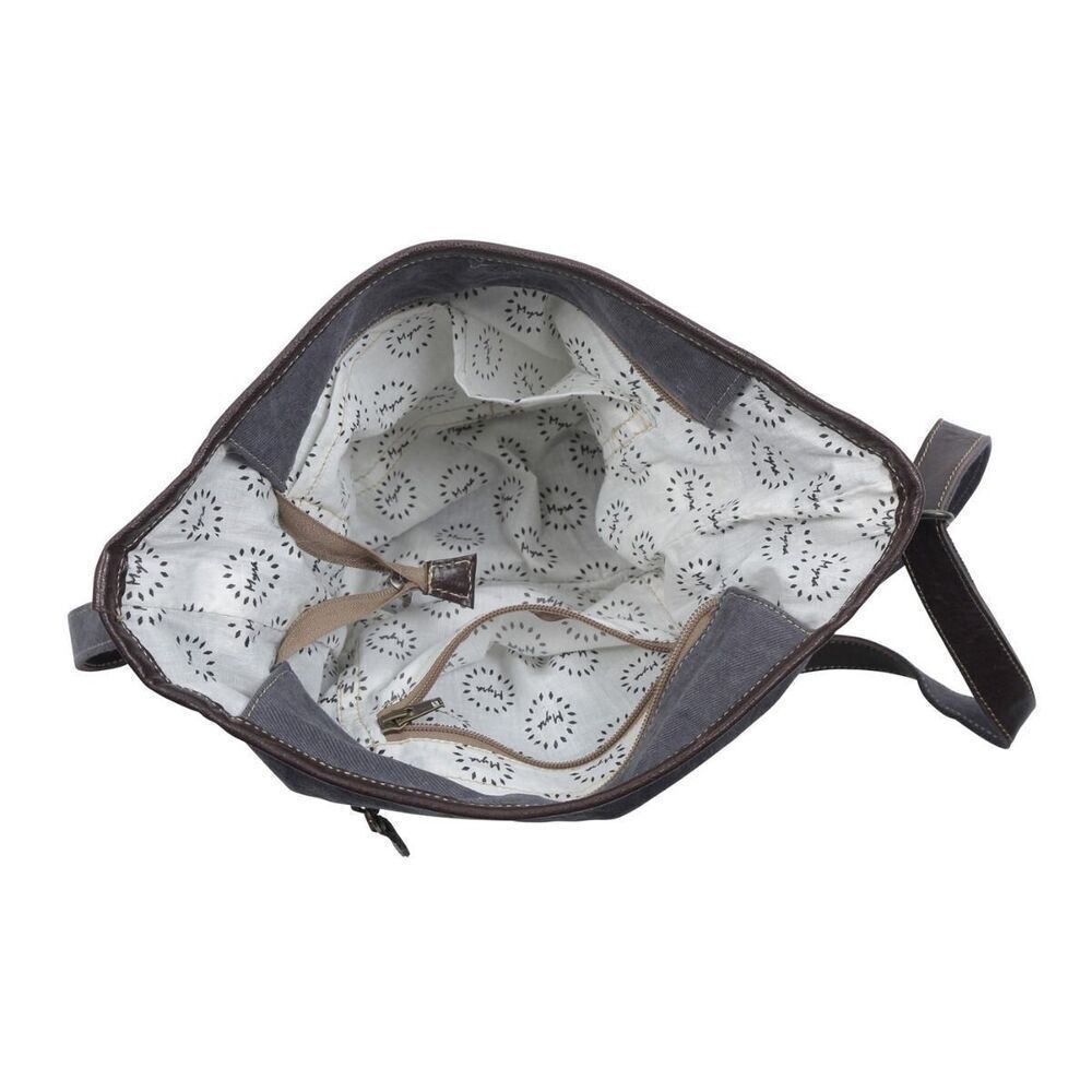 Myra Bag Handmade Taupe Shoulder Bag Upcycled Canvas & Cowhide Leather - Picture 7 of 8